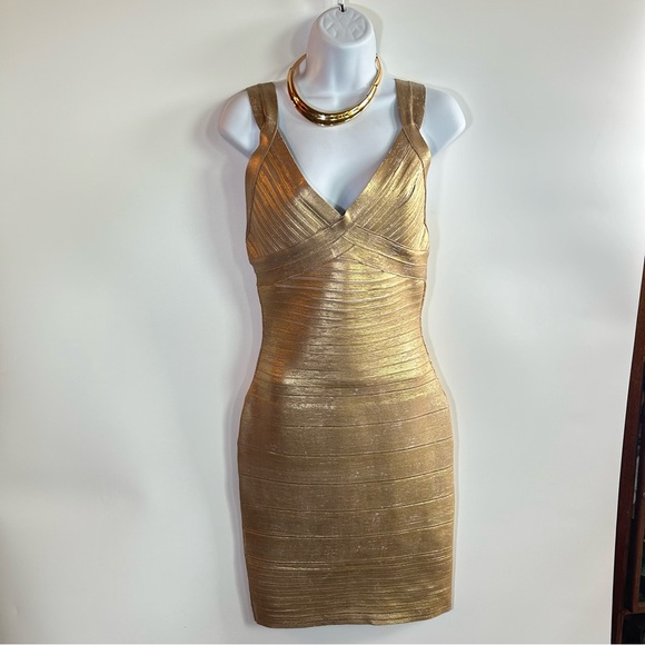 Kardashian Kollection Dresses & Skirts - Kardashian Kollection Gold Ribbed Bondage Mini Dress